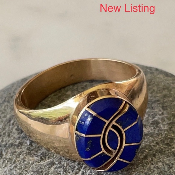 Vintage 14K Gold Native Lapis Hummingbird Ring - Picture 2 of 13